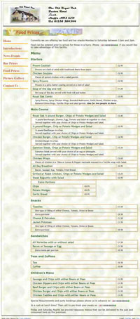 example of website for theoldroyaloak.co.uk - the food menu page